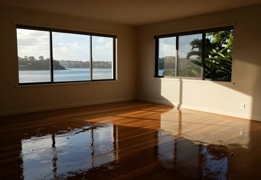 Flood-damaged living room in Werrington County before restoration